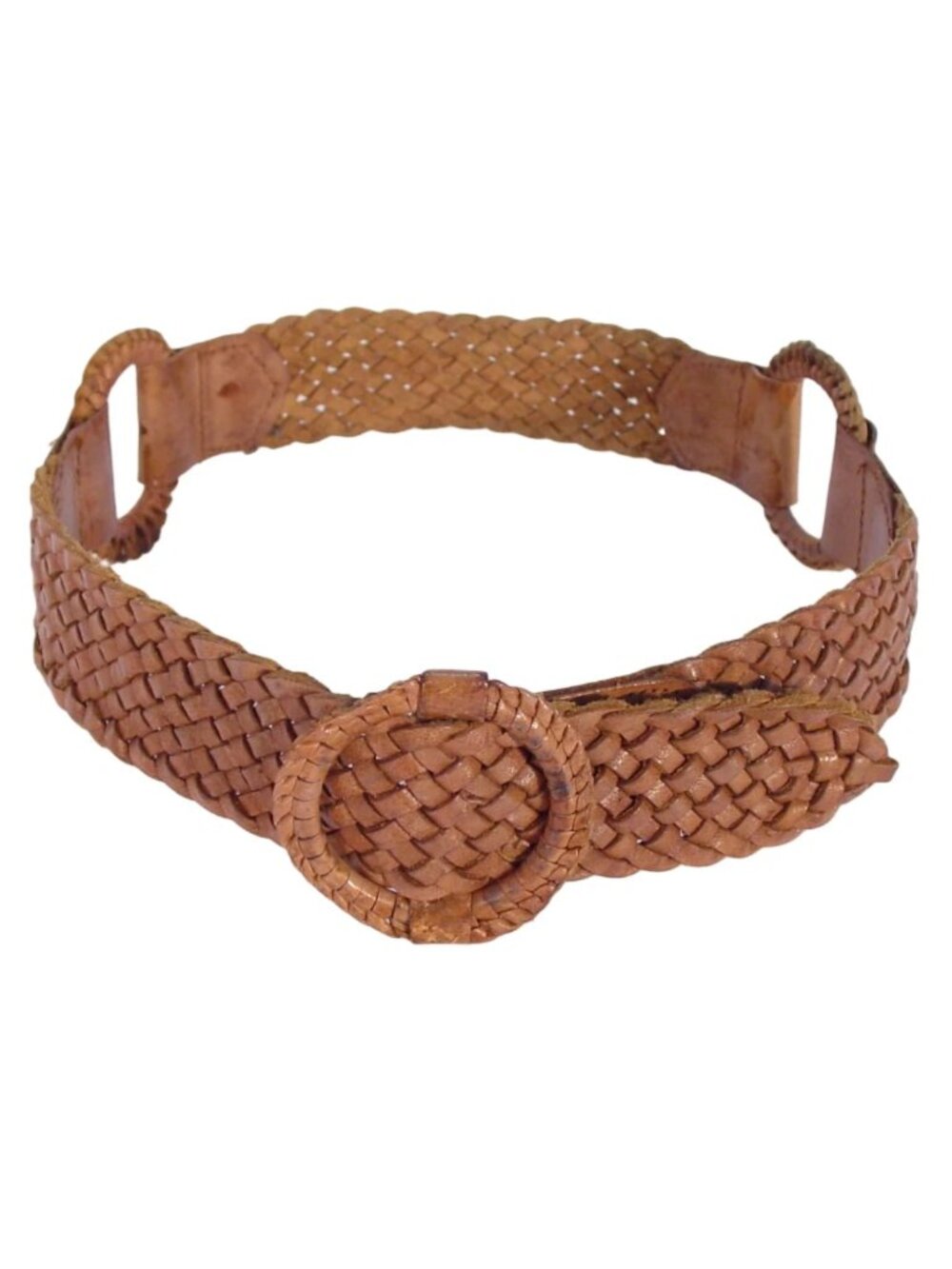 HANDWOVEN Tan Leather Braided O-Ring Belt Women's M